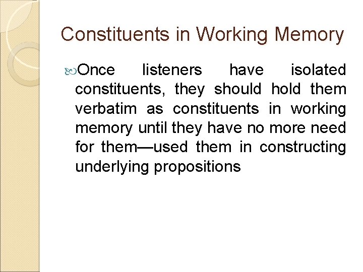 Constituents in Working Memory Once listeners have isolated constituents, they should hold them verbatim