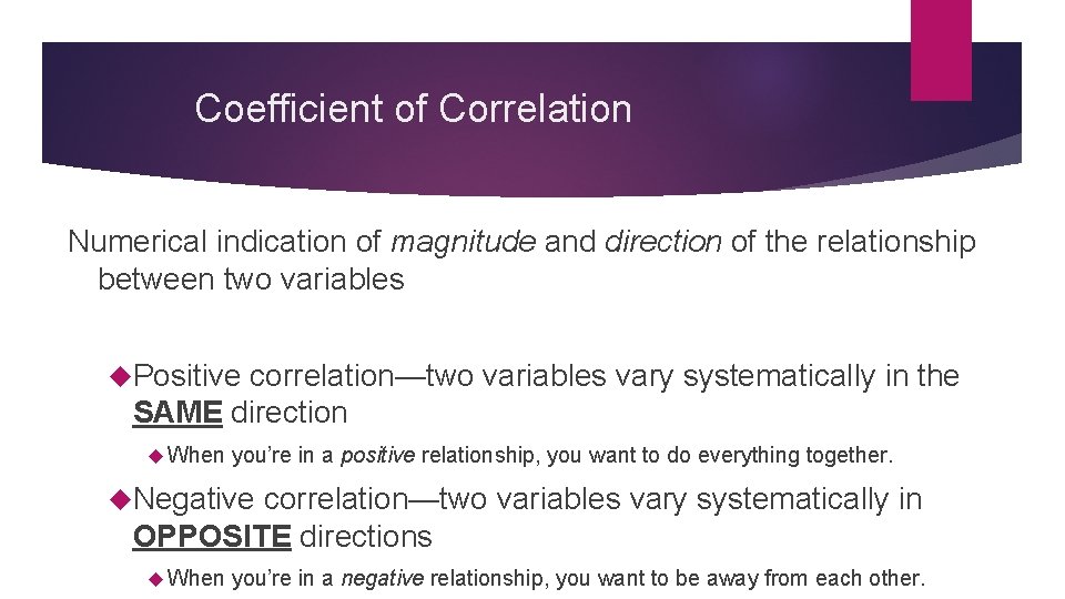 Coefficient of Correlation Numerical indication of magnitude and direction of the relationship between two