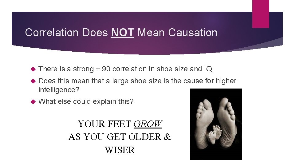 Correlation Does NOT Mean Causation There is a strong +. 90 correlation in shoe