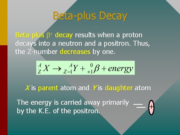 Beta-plus Decay Beta-plus b+ decay results when a proton decays into a neutron and