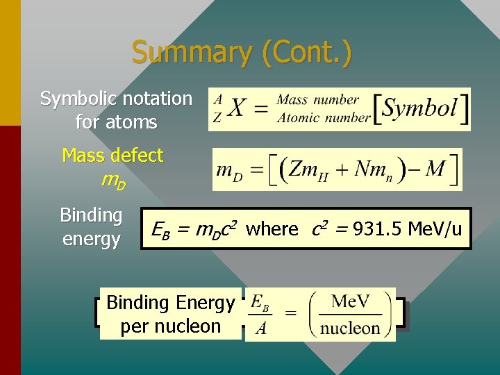 Summary (Cont. ) Symbolic notation for atoms Mass defect m. D Binding energy EB