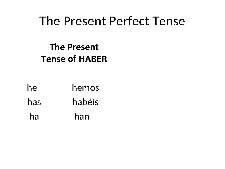 The Present Perfect Tense The Present Tense of HABER he has ha hemos habéis