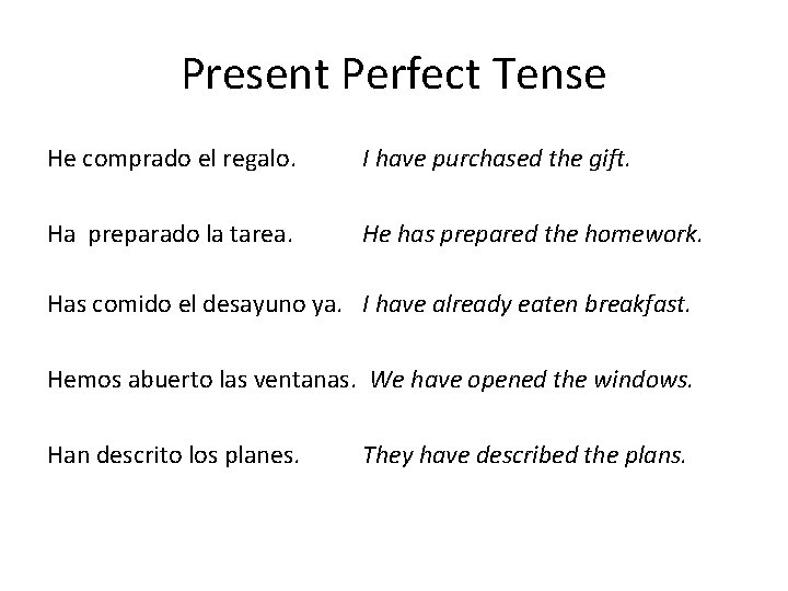Present Perfect Tense He comprado el regalo. I have purchased the gift. Ha preparado
