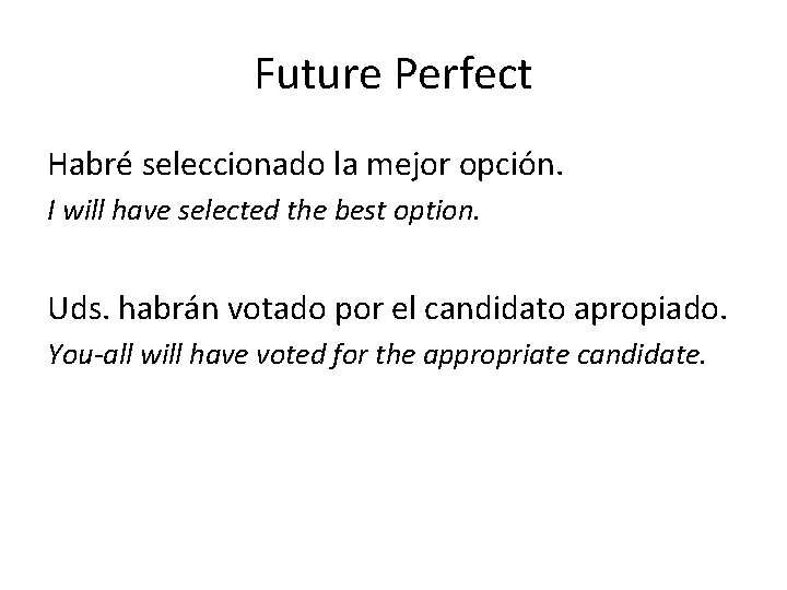 Future Perfect Habré seleccionado la mejor opción. I will have selected the best option.