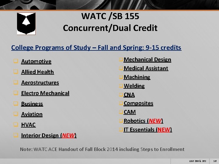 WATC /SB 155 Concurrent/Dual Credit College Programs of Study – Fall and Spring: 9