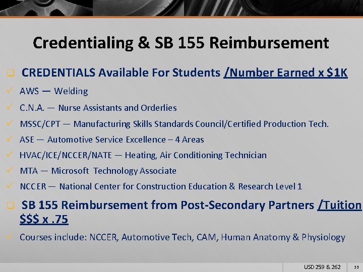 Credentialing & SB 155 Reimbursement q CREDENTIALS Available For Students /Number Earned x $1