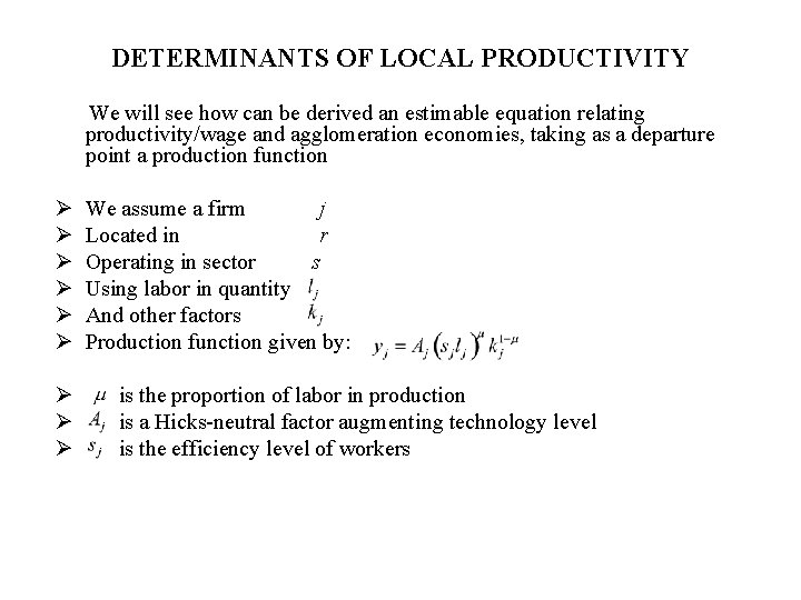 DETERMINANTS OF LOCAL PRODUCTIVITY We will see how can be derived an estimable equation