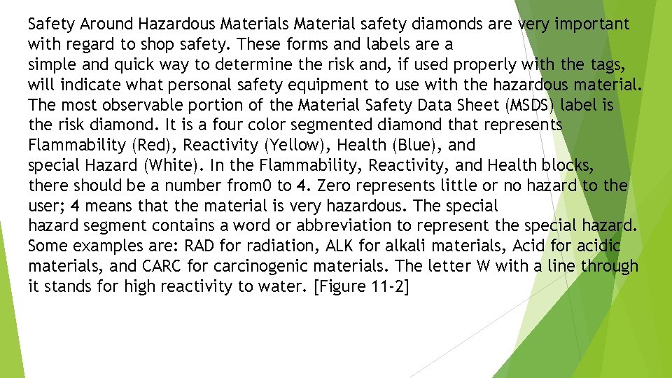 Safety Around Hazardous Material safety diamonds are very important with regard to shop safety.