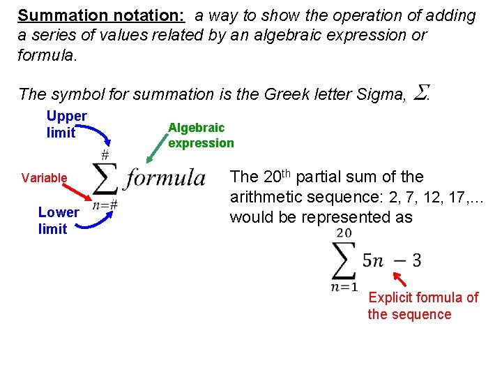 Summation notation: a way to show the operation of adding a series of values