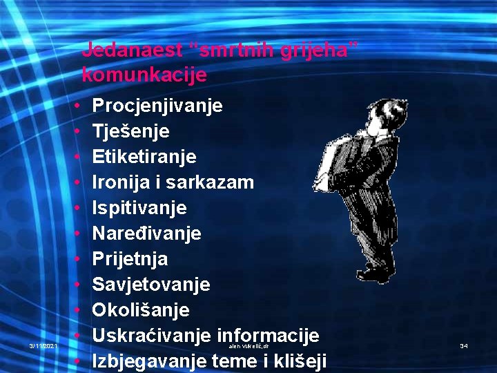Jedanaest “smrtnih grijeha” komunkacije 3/11/2021 • • • Procjenjivanje Tješenje Etiketiranje Ironija i sarkazam