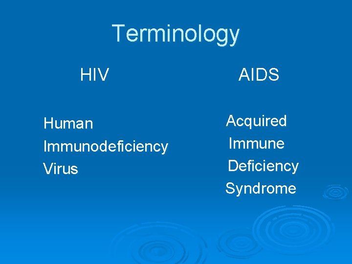 Terminology HIV Human Immunodeficiency Virus AIDS Acquired Immune