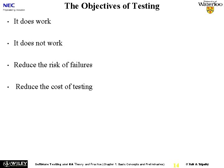 The Objectives of Testing • It does work • It does not work •