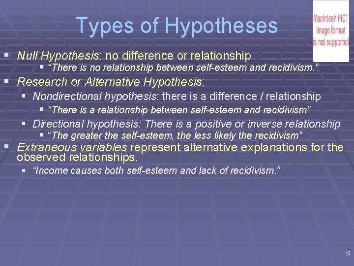 Types of Hypotheses § Null Hypothesis: no difference or relationship § “There is no Types of Hypotheses § Null Hypothesis: no difference or relationship § “There is no