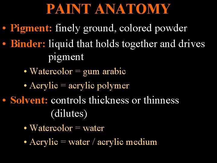 PAINT ANATOMY • Pigment: finely ground, colored powder • Binder: liquid that holds together