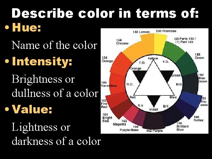 Describe color in terms of: • Hue: Name of the color • Intensity: Brightness