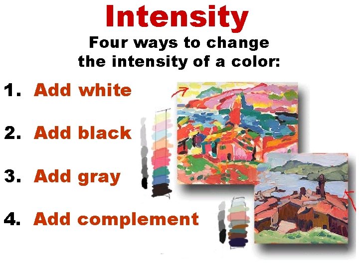 Intensity Four ways to change the intensity of a color: 1. Add white 2.