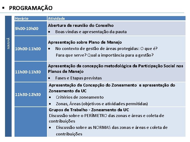 MANHÃ § PROGRAMAÇÃO Horário Atividade 9 h 00 -10 h 00 Abertura da reunião