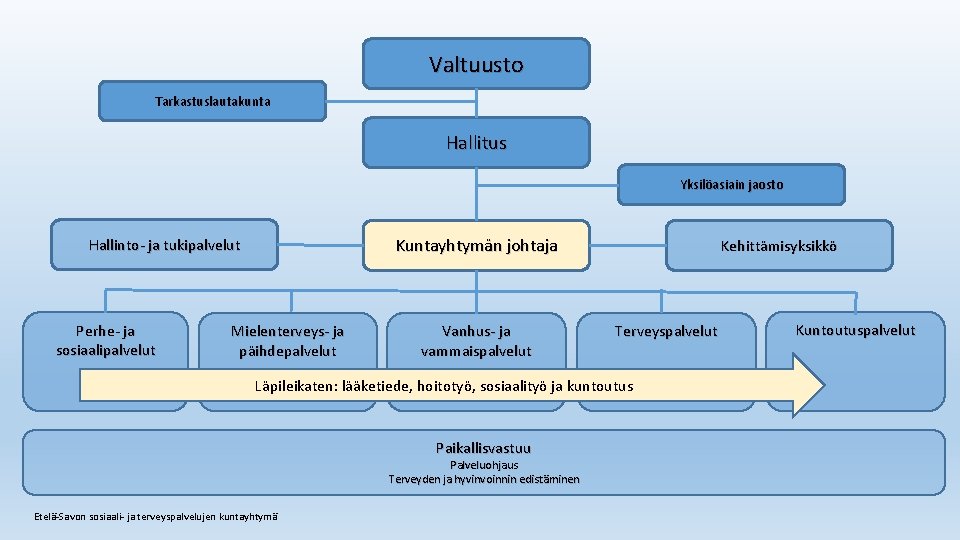 Valtuusto Tarkastuslautakunta Hallitus Yksilöasiain jaosto Kuntayhtymän johtaja Hallinto- ja tukipalvelut Perhe- ja sosiaalipalvelut Mielenterveys-