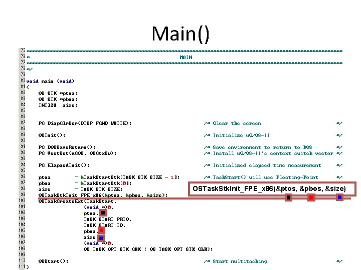 Main() OSTask. Stk. Init_FPE_x 86(&ptos, &pbos, &size) 45 