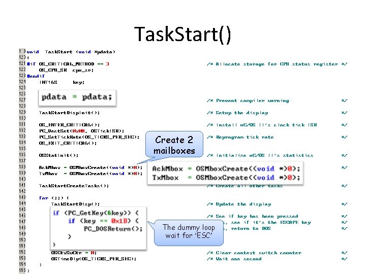 Task. Start() Create 2 mailboxes The dummy loop wait for ‘ESC’ 48 