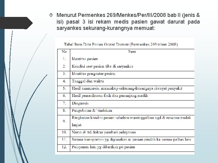  Menurut Permenkes 269/Menkes/Per/III/2008 bab II (jenis & isi) pasal 3 isi rekam medis