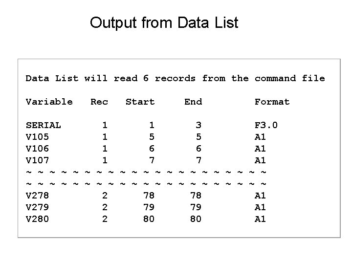 Output from Data List will read 6 records from the command file Variable Rec