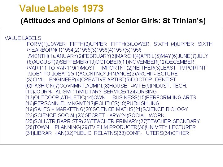  Value Labels 1973 (Attitudes and Opinions of Senior Girls: St Trinian’s) VALUE LABELS