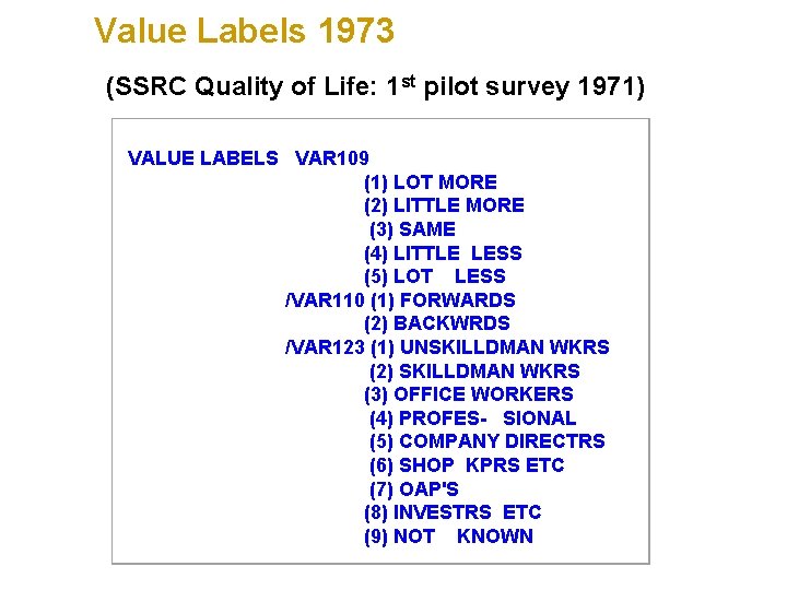  Value Labels 1973 (SSRC Quality of Life: 1 st pilot survey 1971) VALUE