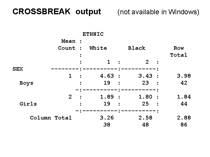 CROSSBREAK output (not available in Windows) ETHNIC Mean : Count : White Black Row