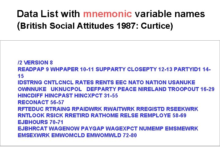 Data List with mnemonic variable names (British Social Attitudes 1987: Curtice) /2 VERSION 8