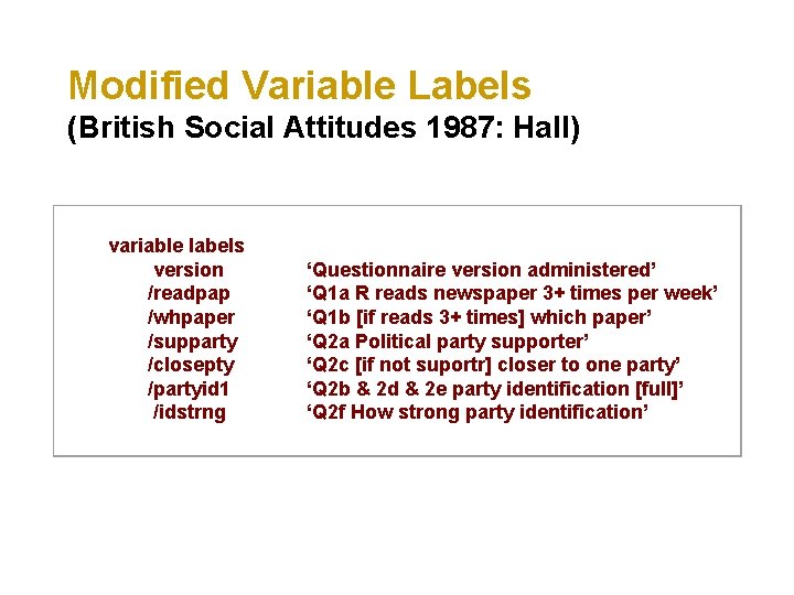 Modified Variable Labels (British Social Attitudes 1987: Hall) variable labels version /readpap /whpaper /supparty