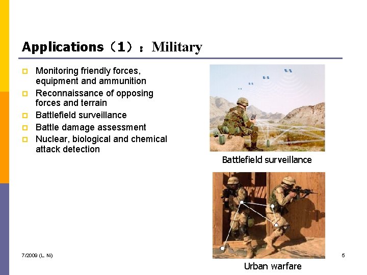 Applications（1）：Military p p p Monitoring friendly forces, equipment and ammunition Reconnaissance of opposing forces