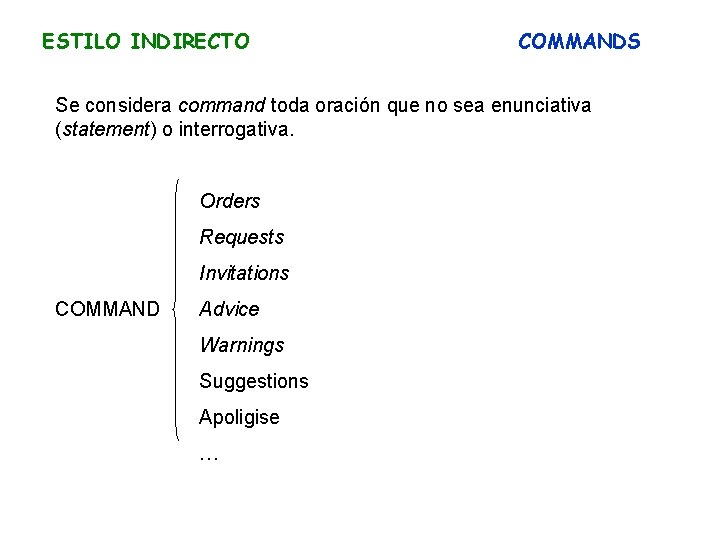 ESTILO INDIRECTO COMMANDS Se considera command toda oración que no sea enunciativa (statement) o