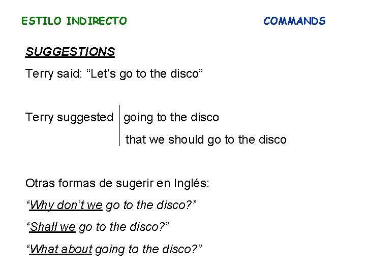 ESTILO INDIRECTO COMMANDS SUGGESTIONS Terry said: “Let’s go to the disco” Terry suggested going