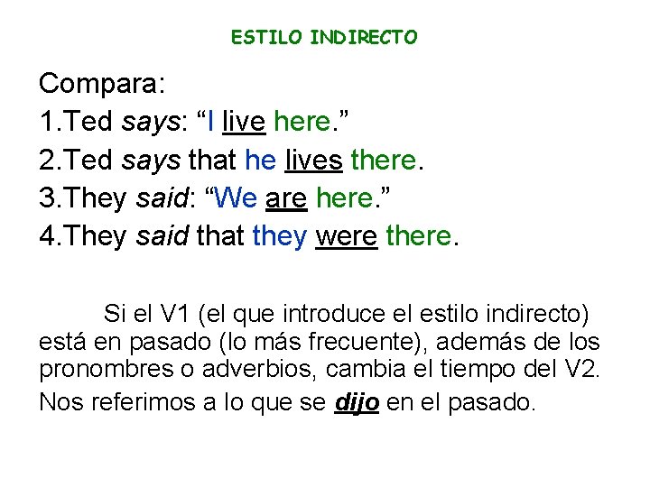 ESTILO INDIRECTO Compara: 1. Ted says: “I live here. ” 2. Ted says that