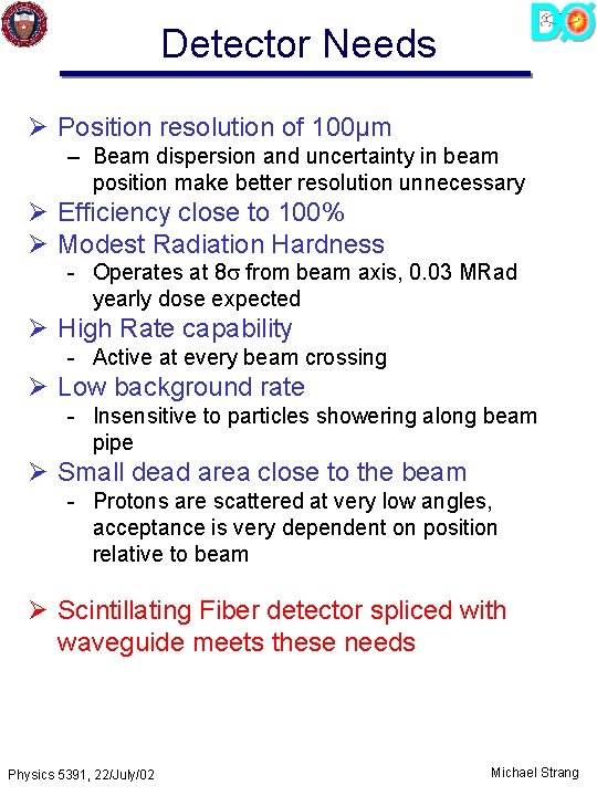 Detector Needs Ø Position resolution of 100µm – Beam dispersion and uncertainty in beam