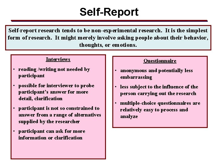 Self-Report Self-report research tends to be non-experimental research. It is the simplest form of