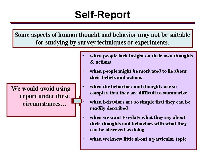Self-Report Some aspects of human thought and behavior may not be suitable for studying