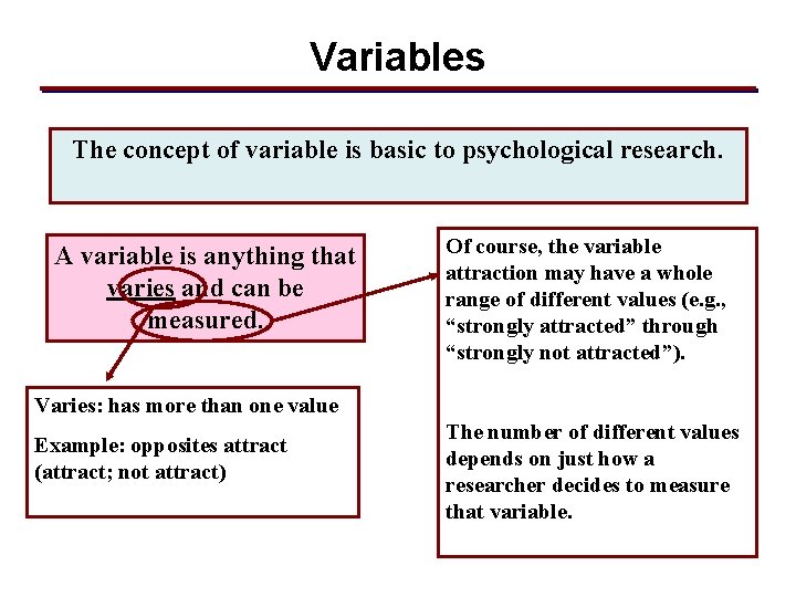 Variables The concept of variable is basic to psychological research. A variable is anything