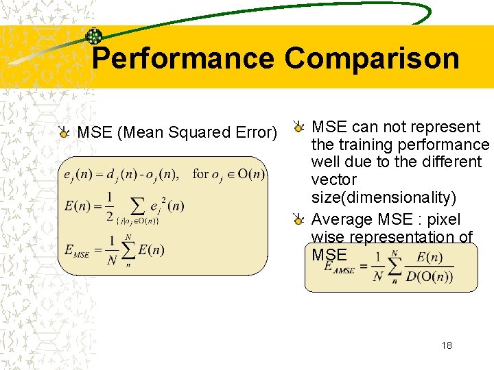 Performance Comparison MSE (Mean Squared Error) MSE can not represent the training performance well