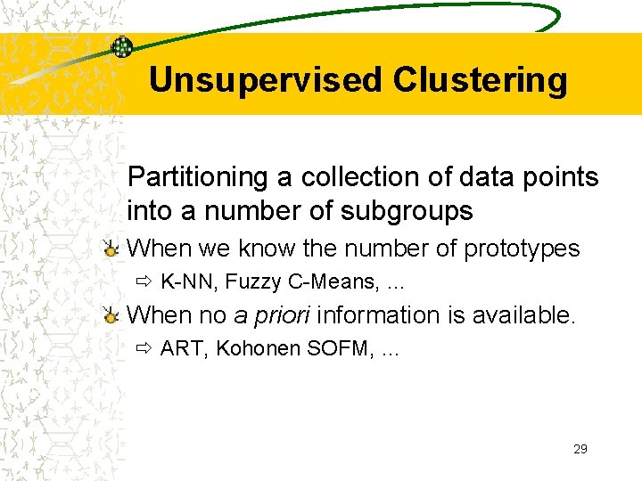 Unsupervised Clustering Partitioning a collection of data points into a number of subgroups When