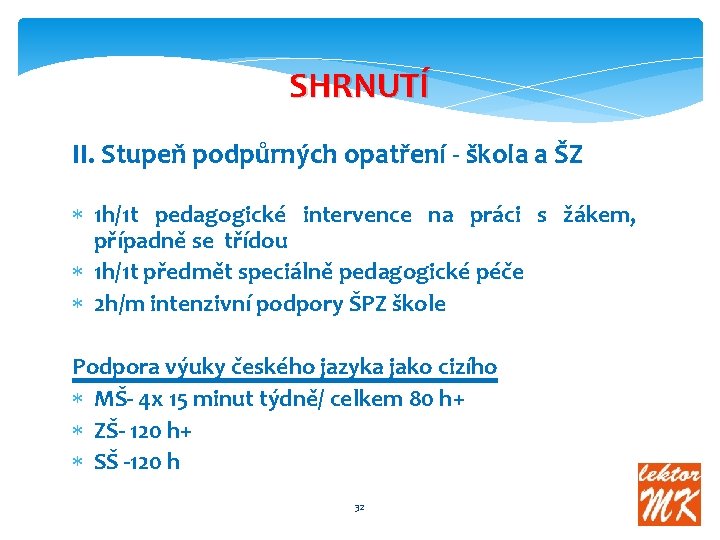 SHRNUTÍ II. Stupeň podpůrných opatření - škola a ŠZ 1 h/1 t pedagogické intervence