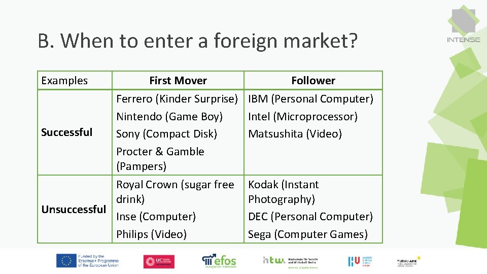 B. When to enter a foreign market? Examples Successful First Mover Follower Ferrero (Kinder