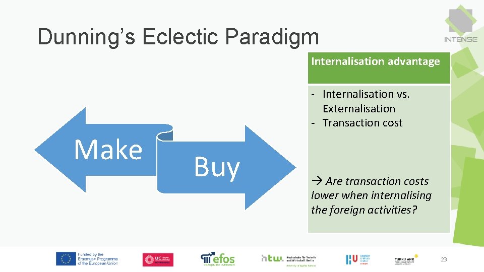 Dunning’s Eclectic Paradigm Internalisation advantage - Internalisation vs. Externalisation - Transaction cost Make Buy