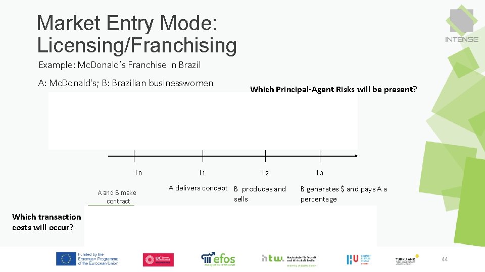Market Entry Mode: Licensing/Franchising Example: Mc. Donald’s Franchise in Brazil A: Mc. Donald's; B: