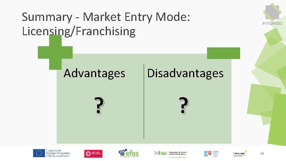 Summary - Market Entry Mode: Licensing/Franchising Advantages Disadvantages ? ? 45 