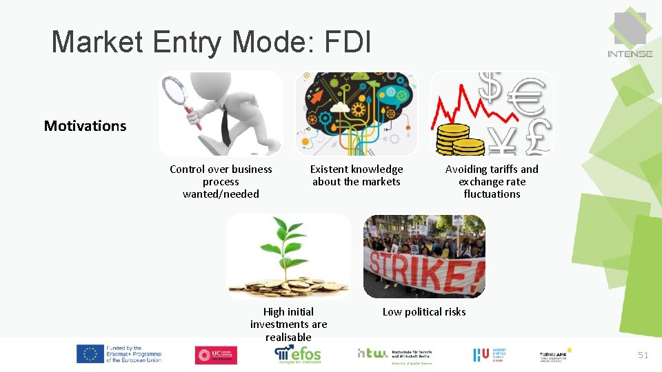Market Entry Mode: FDI Motivations Control over business process wanted/needed Existent knowledge about the