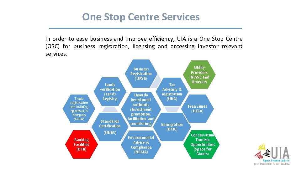 One Stop Centre Services In order to ease business and improve efficiency, UIA is