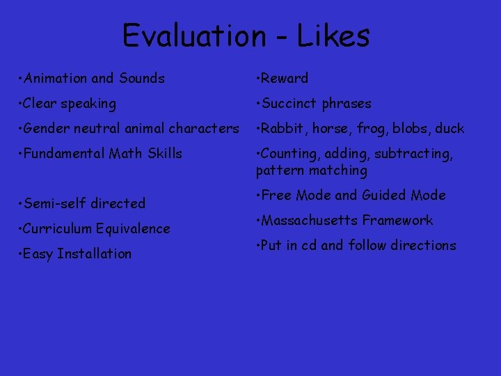 Evaluation - Likes • Animation and Sounds • Reward • Clear speaking • Succinct