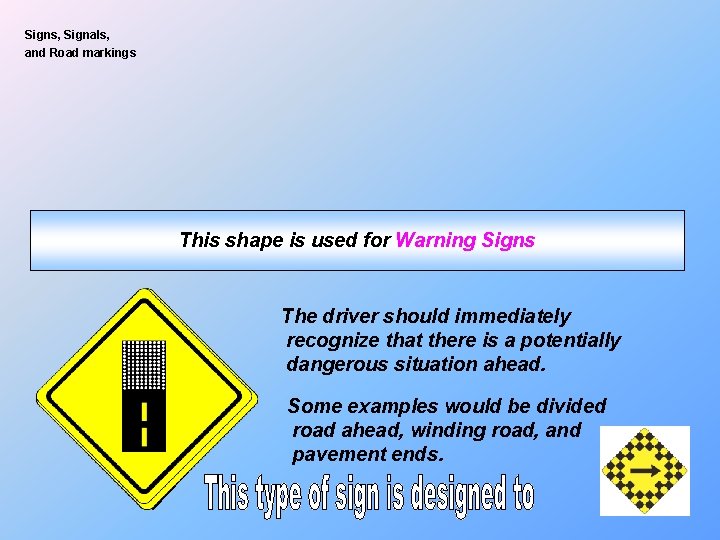 Signs, Signals, and Road markings This shape is used for Warning Signs The driver